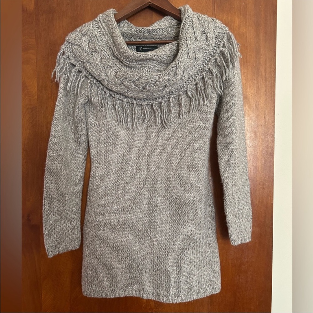 INC International Concepts Sparkle Cowl Neck Tunic Sweater with Fringe, Size Med